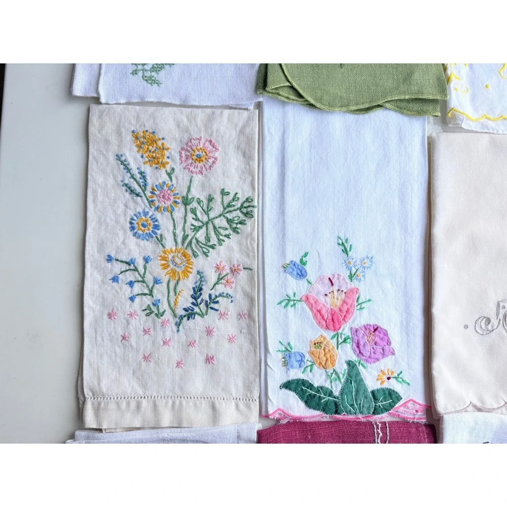 Vintage Hand Embroidered Tea Guest Towel Lot 12pc Floral Cat Scalloped Linen L2